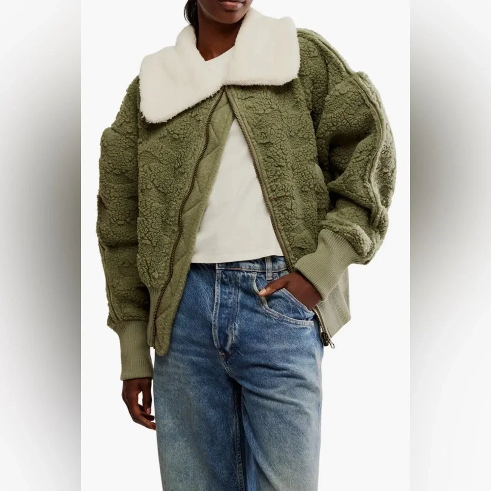 Free People Revolve Cozy Up Faux Fur Cardi in Crystal Kelp Combo S